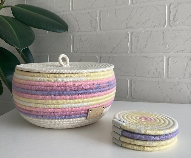 Small rope basket with lid Pastel rainbow decor Cotton rope basket with  handles - Shop KOTTOSH ART Baby Accessories - Pinkoi