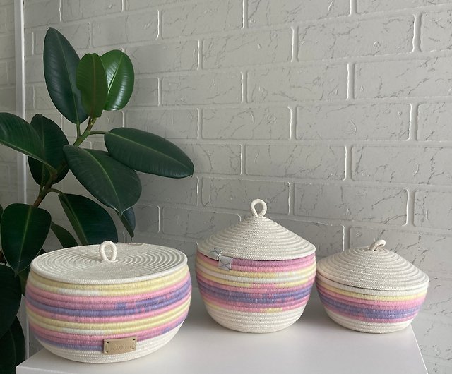 Small rope basket with lid Pastel rainbow decor Cotton rope basket with  handles - Shop KOTTOSH ART Baby Accessories - Pinkoi