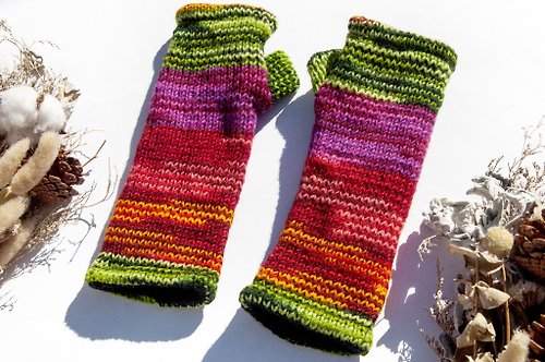 omhandmade 手織純羊毛針織手套/露趾手套/內刷毛手套/保暖手套-北歐綠色桃紅