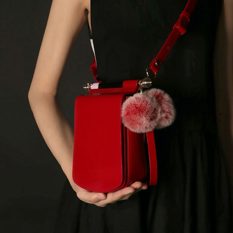 Red leather candy color mobile phone small square bag cross-body bag with side backpack can be loaded with iPhone X - กระเป๋าแมสเซนเจอร์ - หนังแท้ สีแดง