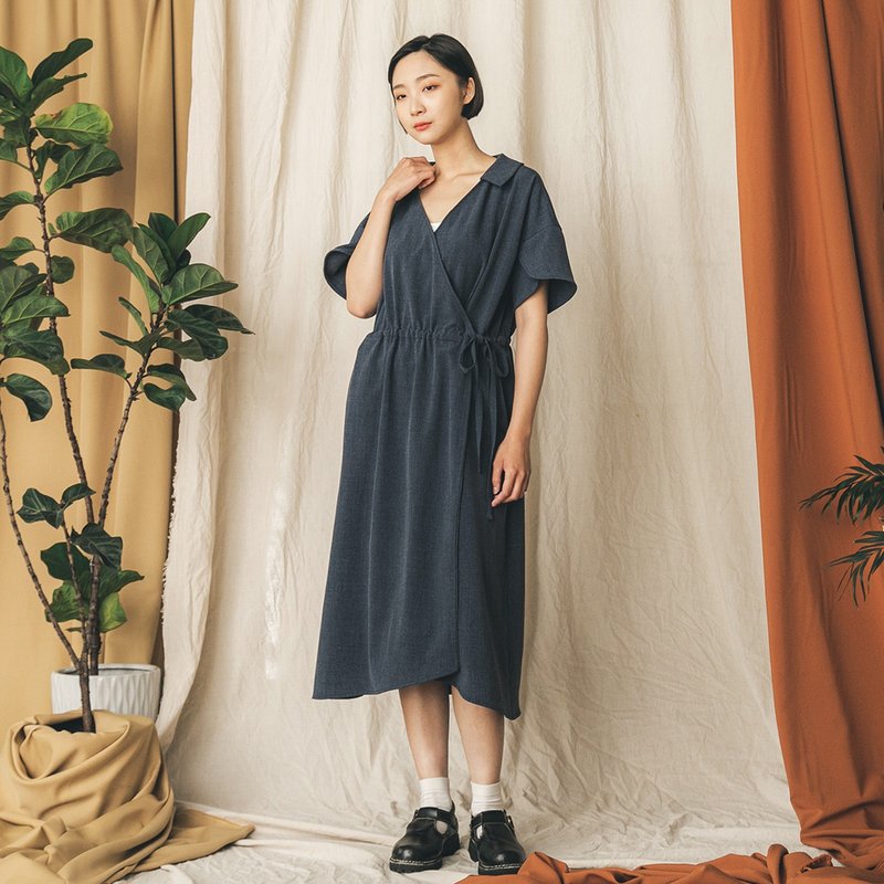 //SUMI x WEARMACAU// Yanfei_Yanfei kimono style dress_21SF104_Pensive Blue - ชุดเดรส - เส้นใยสังเคราะห์ สีน้ำเงิน