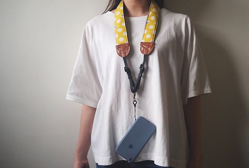 Hand-made decompression mobile phone strap camera strap camera strap (yellow background with white dots) S02 - Lanyards & Straps - Cotton & Hemp Yellow