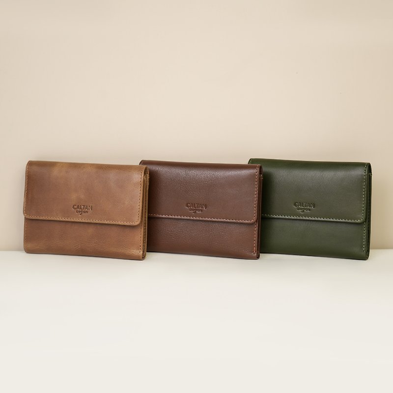 Genuine leather neat three-discount mid-length clip-075170 three colors - กระเป๋าสตางค์ - หนังแท้ สีนำ้ตาล