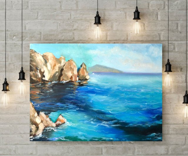 海の風景オリジナルアート 岩の油絵 海景アートワーク - ショップ