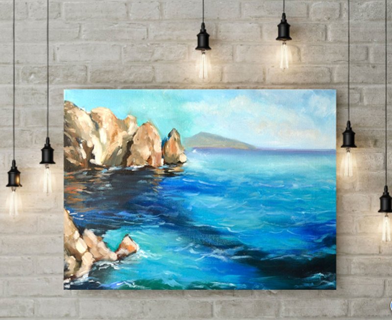 Sea Landscape Original Art Rocks oil paintings Seascape Artwork - 海報/掛畫/掛布 - 環保材質 藍色