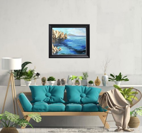 海の風景オリジナルアート 岩の油絵 海景アートワーク