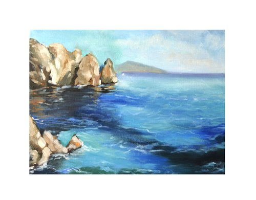 海の風景オリジナルアート 岩の油絵 海景アートワーク
