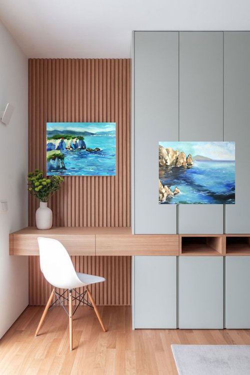 海と岩の風景 油彩画　ガラス無し 海と岩の風景 油彩画 ガラス無し - 絵画激安