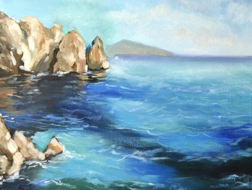 海と岩の風景 油彩画　ガラス無し 海と岩の風景 油彩画 ガラス無し 海と岩の風景 油彩画