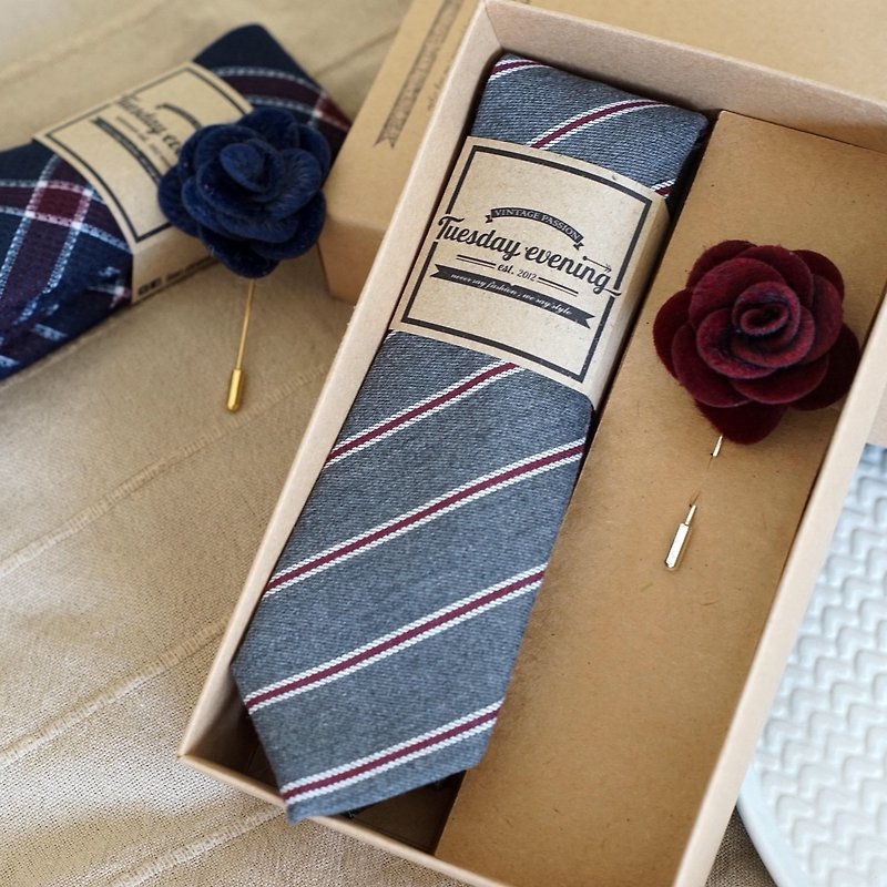 Neck Tie Pewter Grey Stripe with Blue Lapel Pin (for Valentine free Crafted box)
