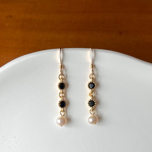 KAREN JEWELRY 古典黑鋯石橢圓天然珍珠耳環 耳夾 14k包金 14KGF