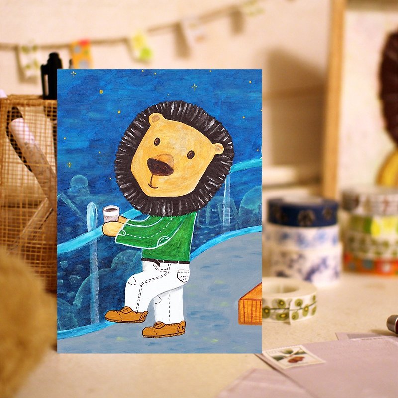Postcard∣ Big-headed lion watching the night scene - Cards & Postcards - Paper Multicolor