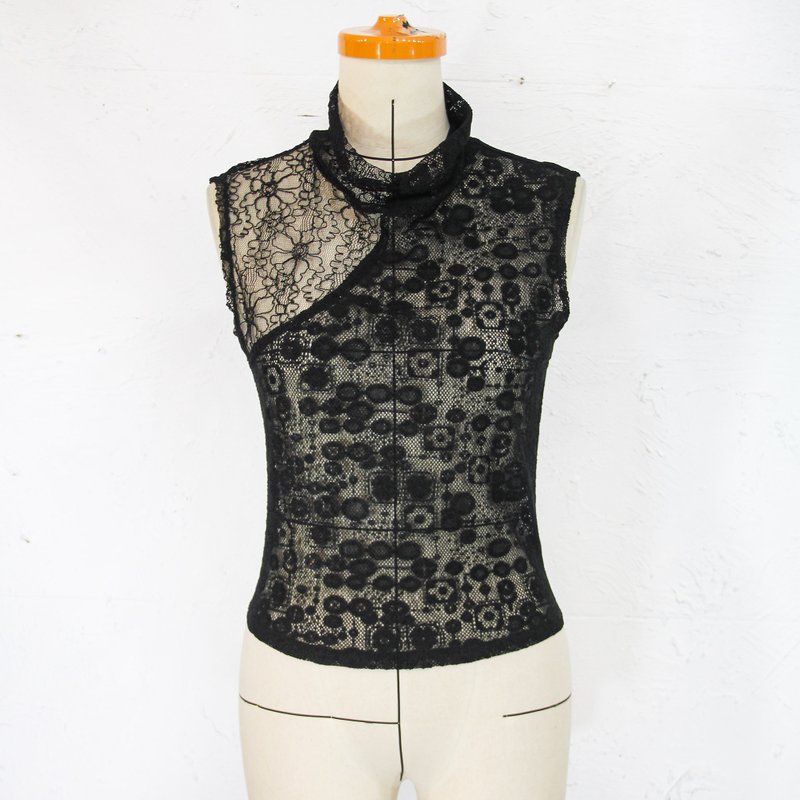 Aman No.72 half-armor Tai Chi elastic sleeveless lace sheer top with all black stitching pattern - Women's Vests - Other Materials 