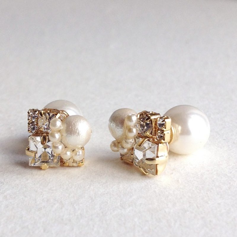 14kgf vintage Swarovski and cotton Pearl Square Earrings * Pearl catch [ii-362] - Earrings & Clip-ons - Other Materials White