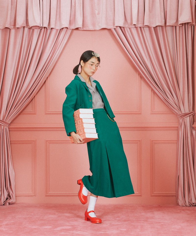 center pleat wool skirt with ring (girl’s) - กระโปรง - ขนแกะ สีเขียว