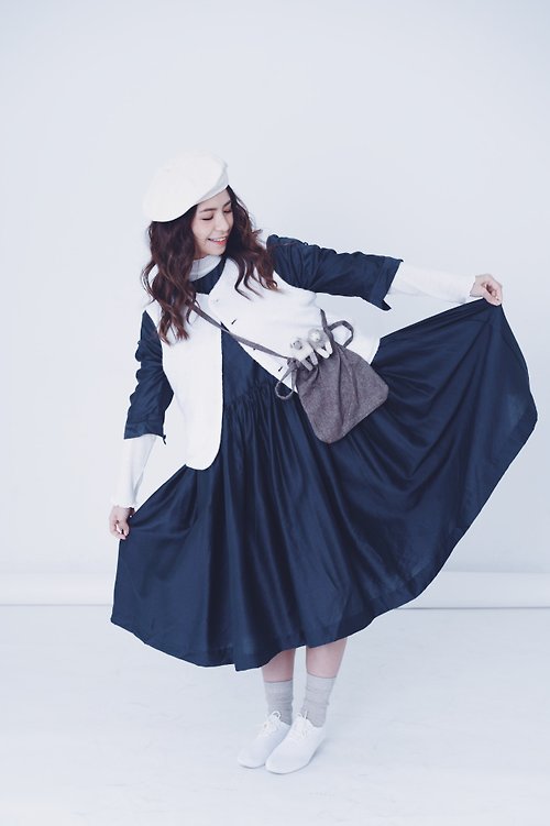 SHIROI Camille 日系長短袖二合一連身裙 深藍色 | 四季合適