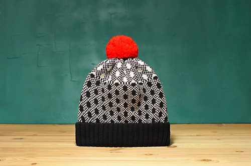 Yu Square 黑白雜訊 可拆式毛球針織毛帽