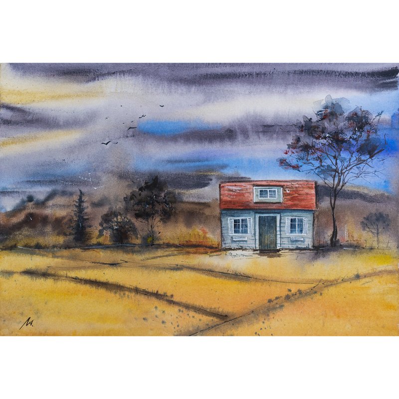 Abstract House Painting Original Watercolor Landscape Autumn Rustik Scenery Art - 海報/掛畫/掛布 - 紙 多色