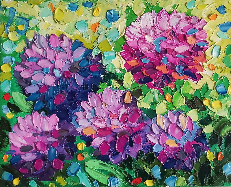 Hydrangea Painting Original Art Flower Oil Painting Canvas Art - โปสเตอร์ - วัสดุอื่นๆ สีม่วง