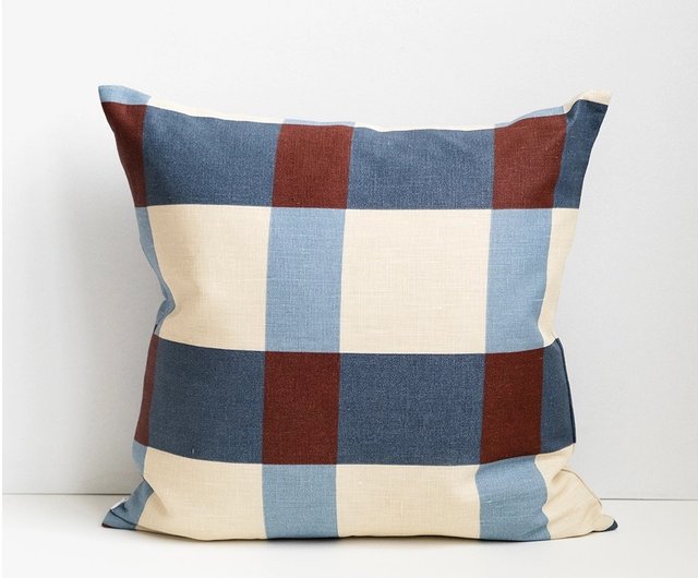 北欧デザイナーズクッションカバー - リネン FIELD BLUE/PLUM