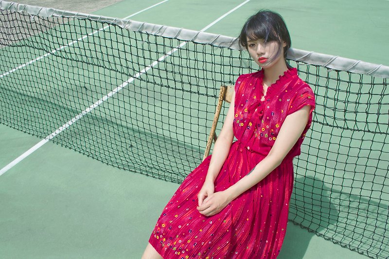 桃紅圈圈點沙畫半袖古著洋裝 - 洋裝/連身裙 - 聚酯纖維 紅色