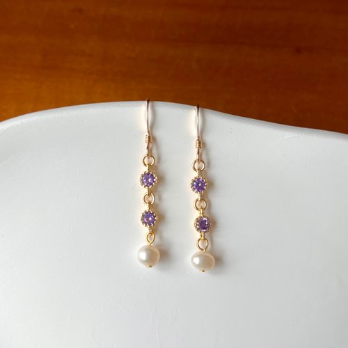 KAREN JEWELRY 14K包金 紫羅蘭鑽天然橢圓珍珠耳環 耳夾 14KGF