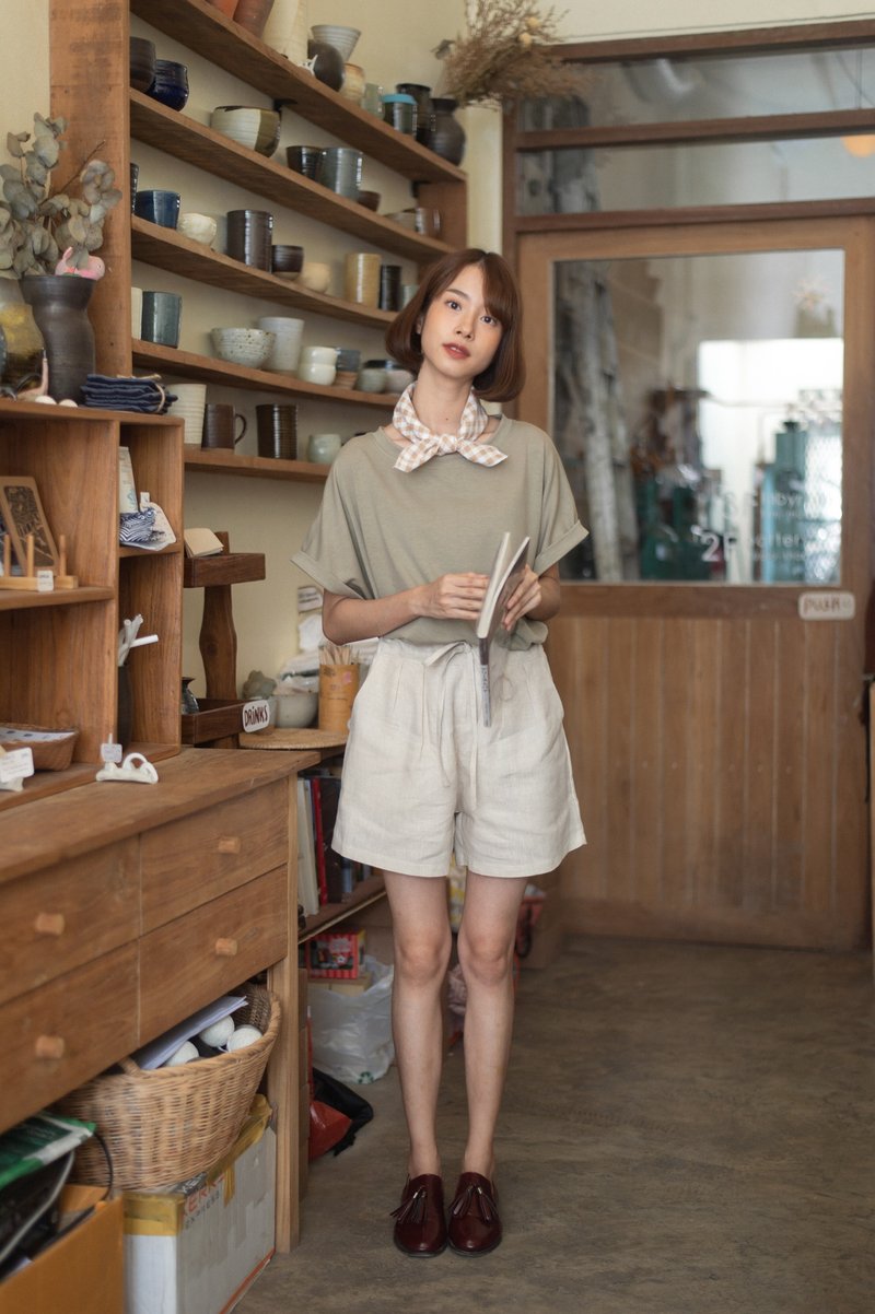 Linen Short Pants - Beige - 女長褲 - 棉．麻 卡其色