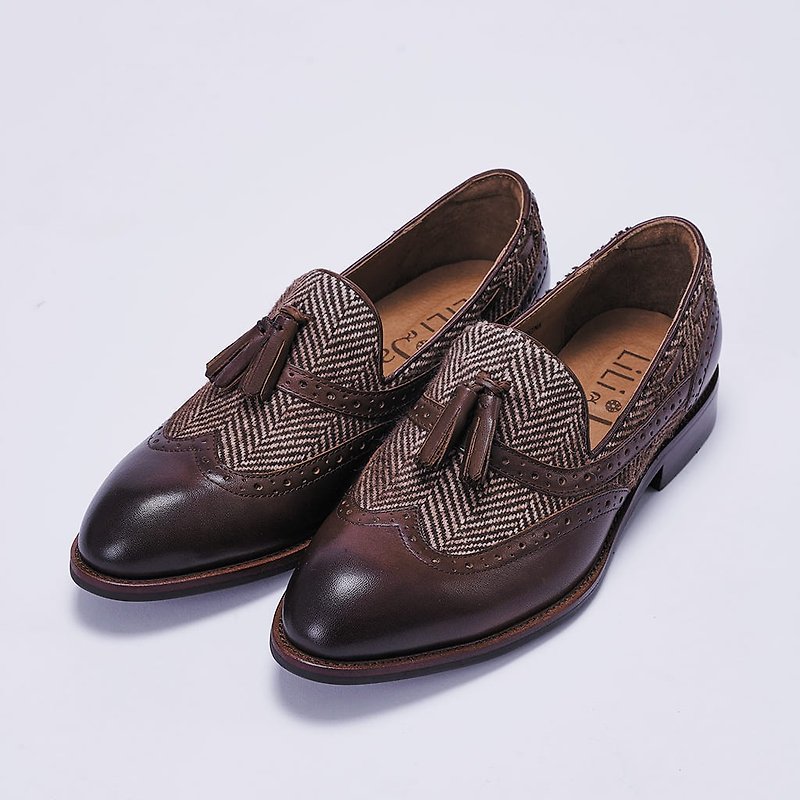 [Explore England] Cowhide stitching fabric tassel loafers_strong coffee - Women's Oxford Shoes - Genuine Leather Brown