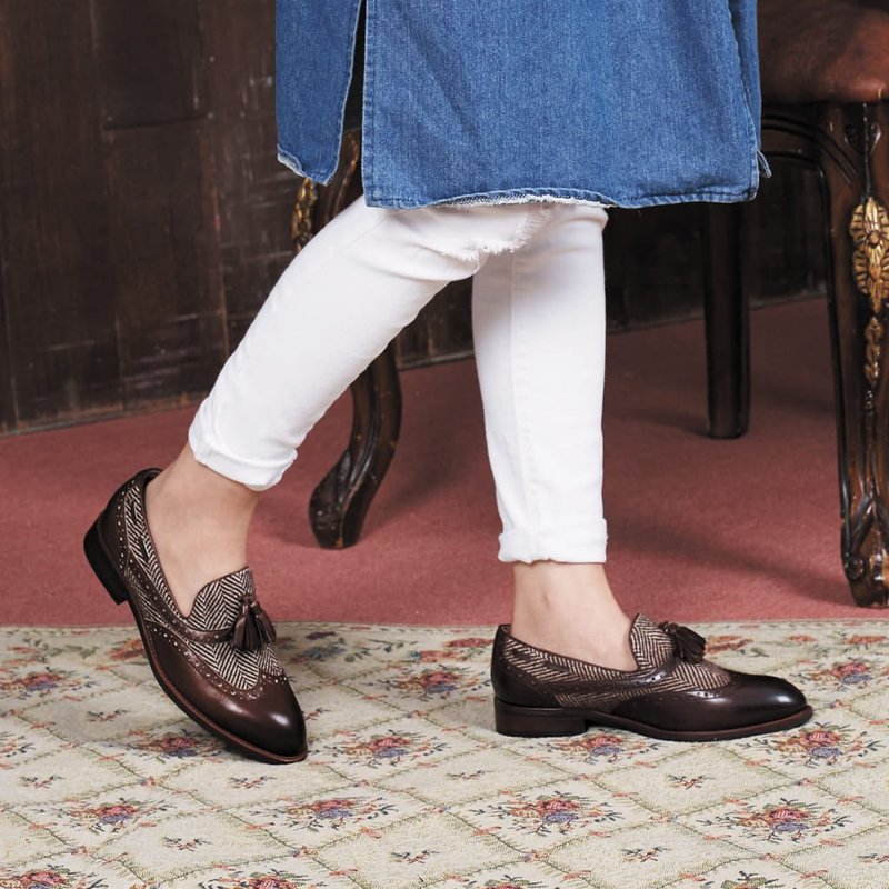 Size Zero [Explore England] Cowhide Spliced ​​Fabric Tassel Loafers_Strong Coffee - รองเท้าอ็อกฟอร์ดผู้หญิง - หนังแท้ สีนำ้ตาล