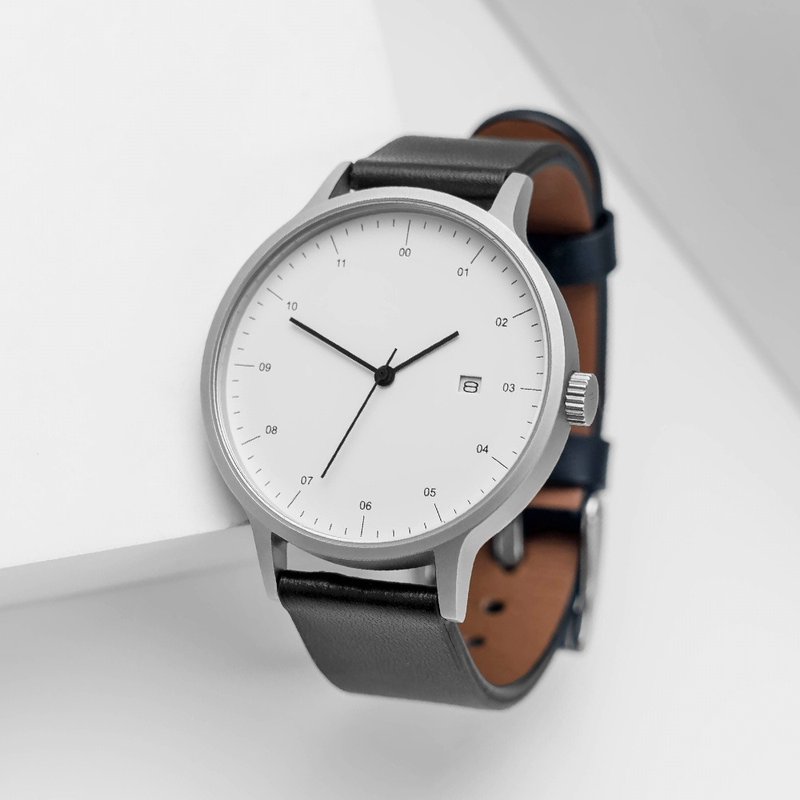 BIJOUONE彼樹灣B30極簡設計男女款真皮表帶日歷防水精鋼手錶 - 女錶 - 不鏽鋼 銀色