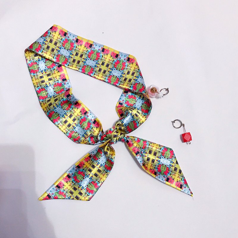 Qinky's Red original design silk scarf, hair with yellow 【Spot】 [scarf / hair band / memorial / birthday gift / friendship commemorative] - Hair Accessories - Silk 