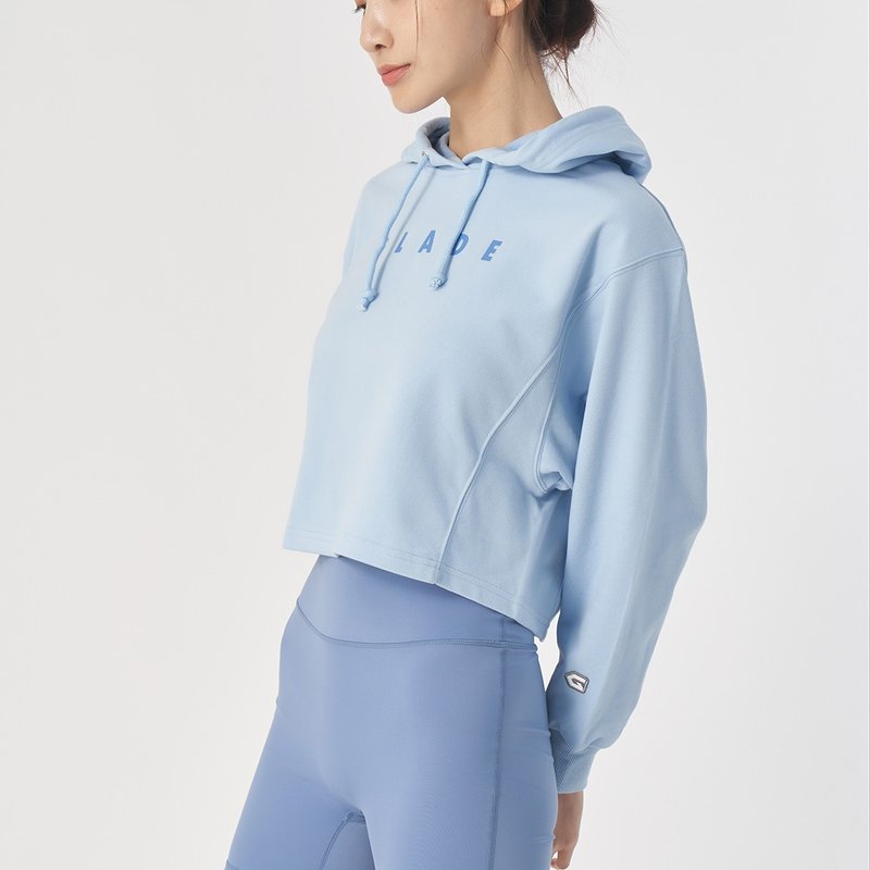 【GLADE.】Fluffy French terry short hooded long-sleeved top (sky blue) - ชุดกีฬาผู้หญิง - ผ้าฝ้าย/ผ้าลินิน สีน้ำเงิน