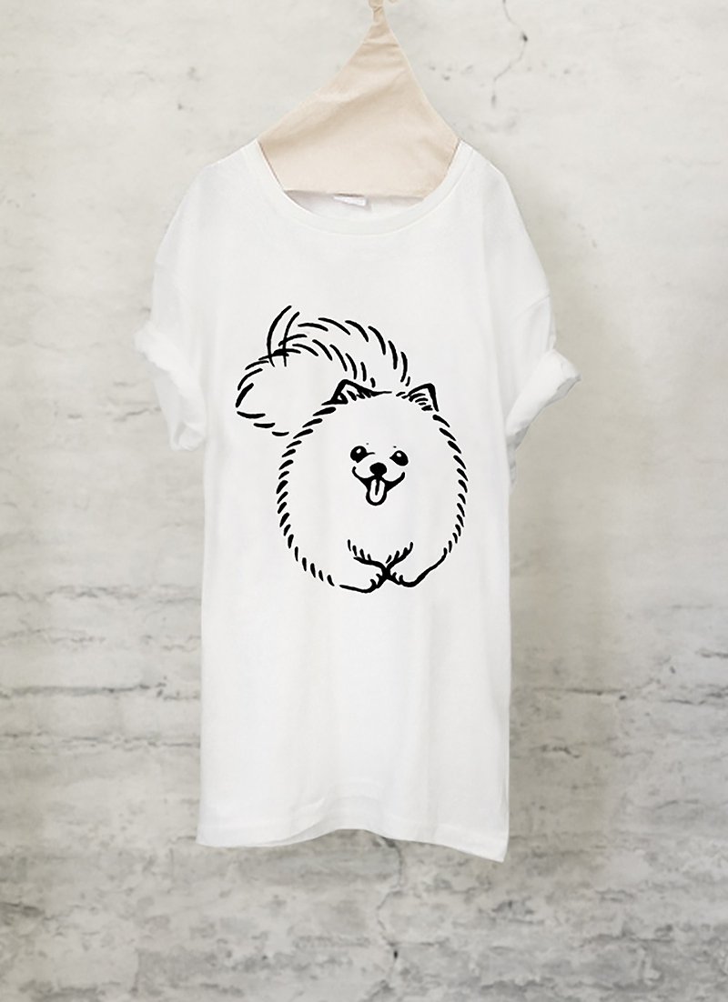 ポメラニアン　Pomeranian T-shirt (White/Gray)【DOG】 - Tシャツ - コットン・麻 ホワイト