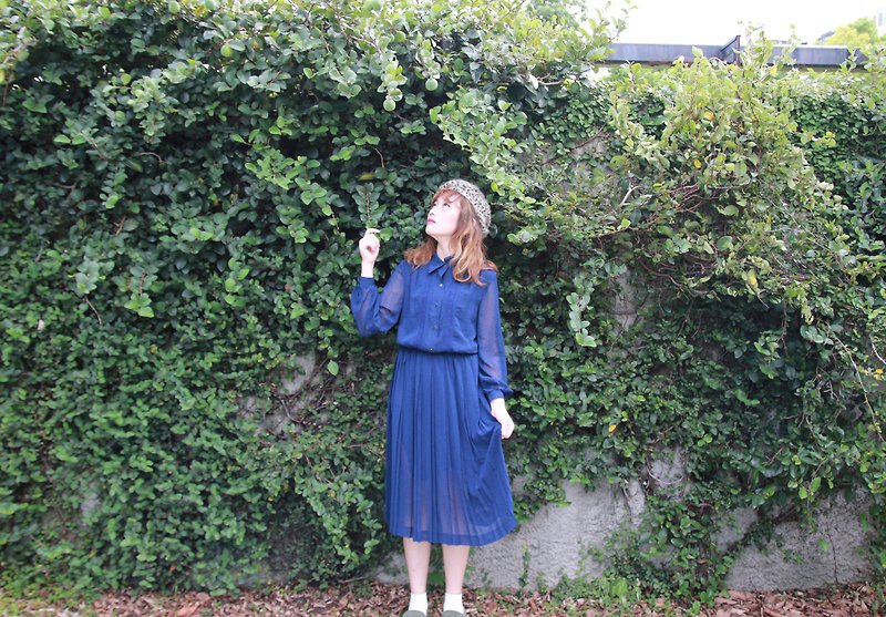 バックグリーンへ::肌の袖口が青のヴィンテージドレス（D-40）をサファイア浸透 - ワンピース - シルク・絹 