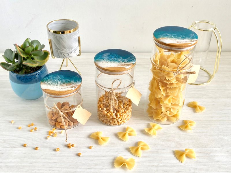 Glass Jar, Resin Ocean Painting, Wedding Gift, Home Gift - ขวดใส่เครื่องปรุง - แก้ว สีน้ำเงิน