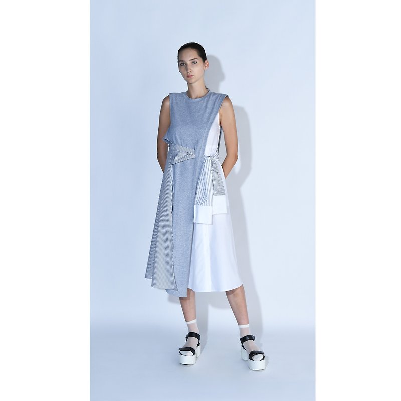 Designer Brand FromClothingOf - Patchwork Tie Waist T-Shirt Dress - One Piece Dresses - Cotton & Hemp Gray