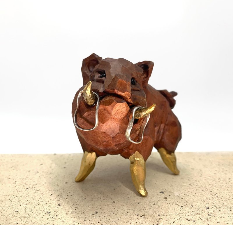 Mr. Boar No. 2│Wood carving ring - Items for Display - Wood 