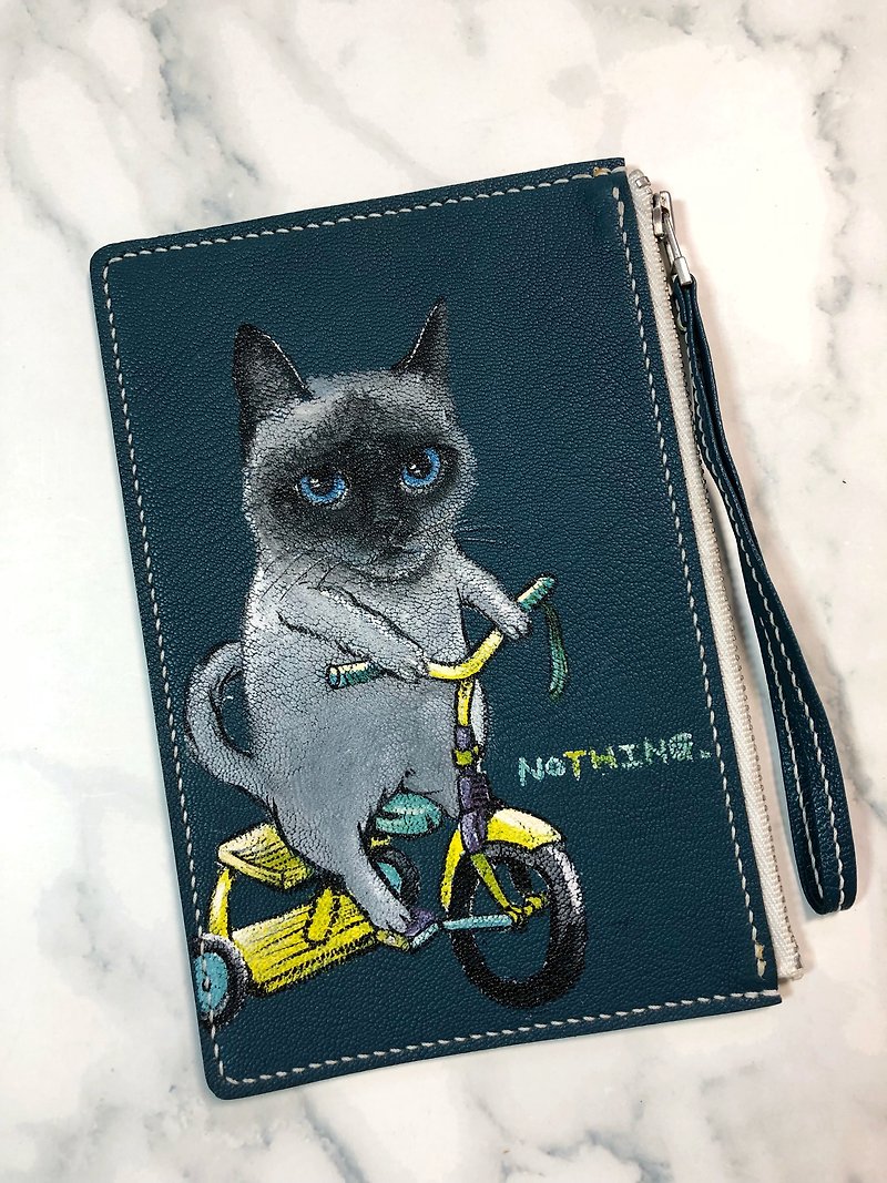 Hand-painted pattern cycling cat leather coin purse | mobile phone bag | small wallet | clutch bag - กระเป๋าคลัทช์ - หนังแท้ สีน้ำเงิน