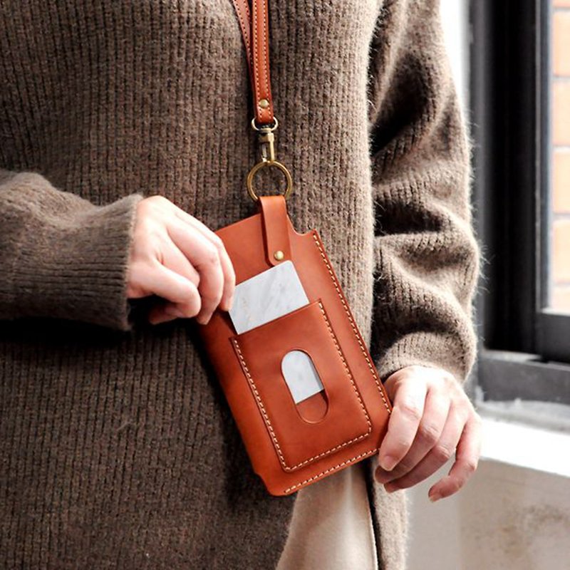 Mobile Phone Bags | Handmade Leather Goods | Customized Gifts | Vegetable Tanned Leather - Neck Phone Case and Card Insert