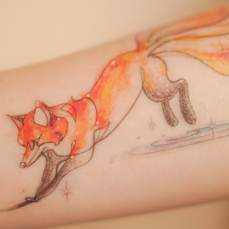 Single Line Art Dreamy Moon Light Magical Fox Animal Temporary Tattoo Stickers - สติ๊กเกอร์แทททู - กระดาษ สีส้ม