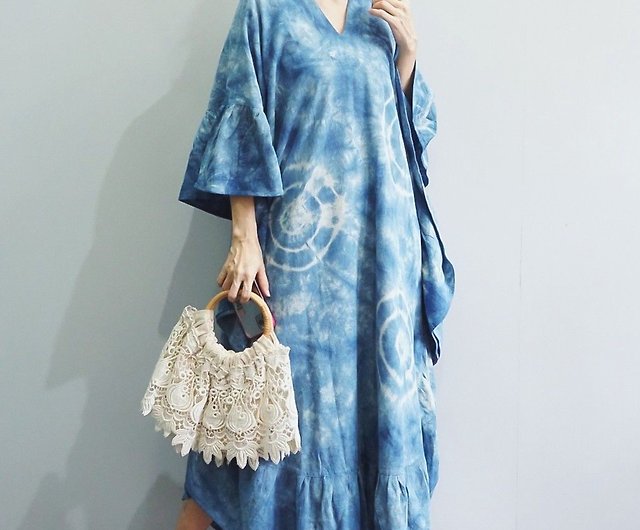ネクタイ染めのヒッピーワンピース プラスサイズのウェディングドレス 絞り藍コットンワンピース ショップ トッピングスタジオ ワンピース Pinkoi