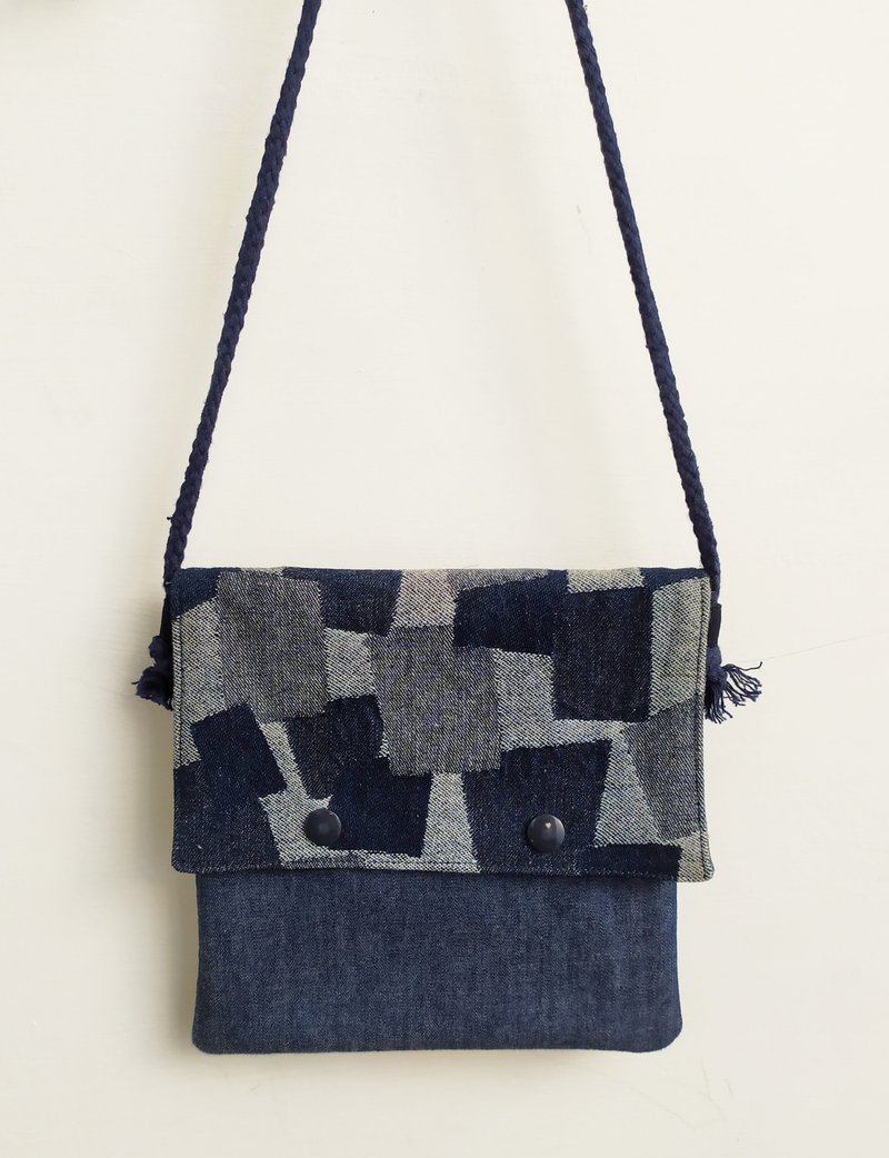 雙排扣雙層小方包 側背包 斜背包/牛仔方型深藍 - 側背包/斜背包 - 棉．麻 