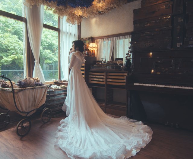 素材生地80年代レース長袖長袖アンティークウェディングドレス