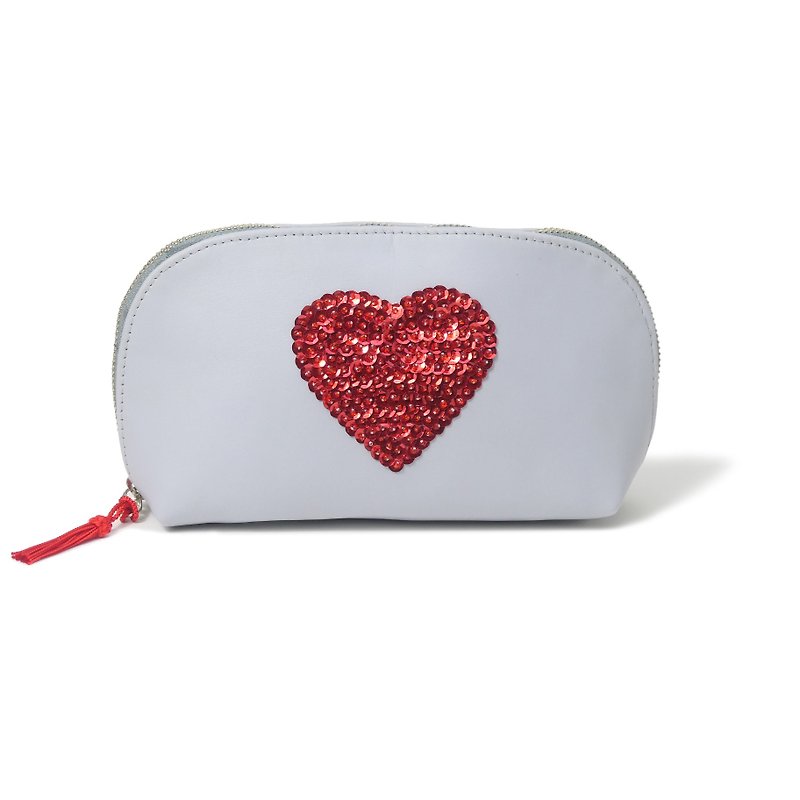 Gray (Heart) cosmetic pouch moroccan Leather Sequined hand embroider bag(Large) - กระเป๋าเครื่องสำอาง - หนังแท้ สีเทา