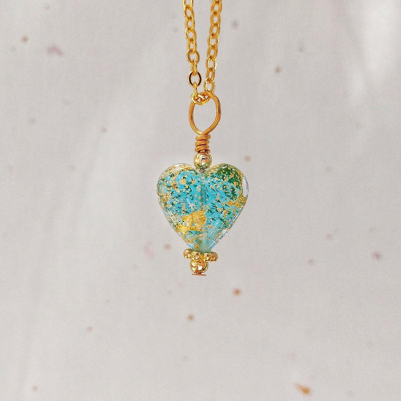 [Venetian Glass Beads] Aqua 24kt Gold Foil Ca'd'Oro Murano Glass Heart Bead Necklace - Necklaces - Glass Blue