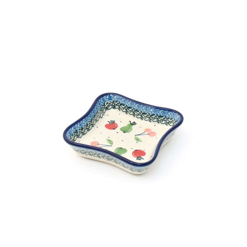 Handmade Polish pottery-square shallow dish of pink cherries - จานเล็ก - ดินเผา 