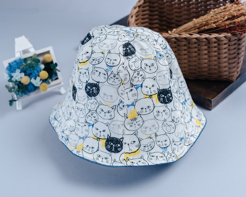 Double-sided fisherman hat, cat hand, children's clothing, newborn baby, parent-child hat, fisherman - หมวกเด็ก - ผ้าฝ้าย/ผ้าลินิน สีดำ