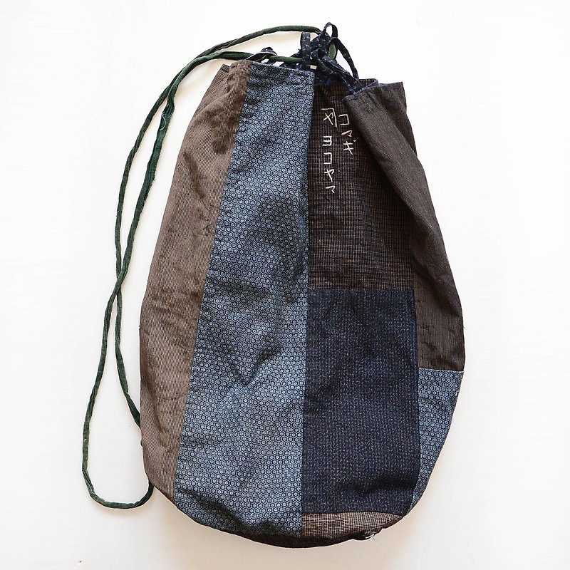 米袋 舊布 棉布拼布 靛藍染色笠 條紋圖案 日本復古布料 紡織抽繩 - 其他 - 棉．麻 多色