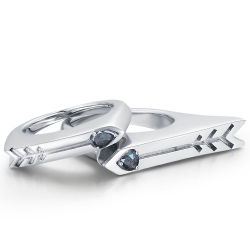 Majade Jewelry Design 箭心形灰鑽石情侶對戒-愛的承諾戒指組合-純銀愛情圖章刻字印戒