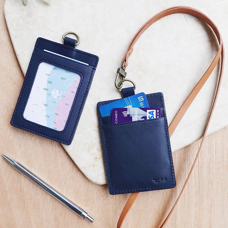 [Graduation Gift] Genuine Leather - Kyoto Blue, Youyou ID Card Holder (Customized English Name) - ที่ใส่บัตรคล้องคอ - หนังแท้ สีน้ำเงิน